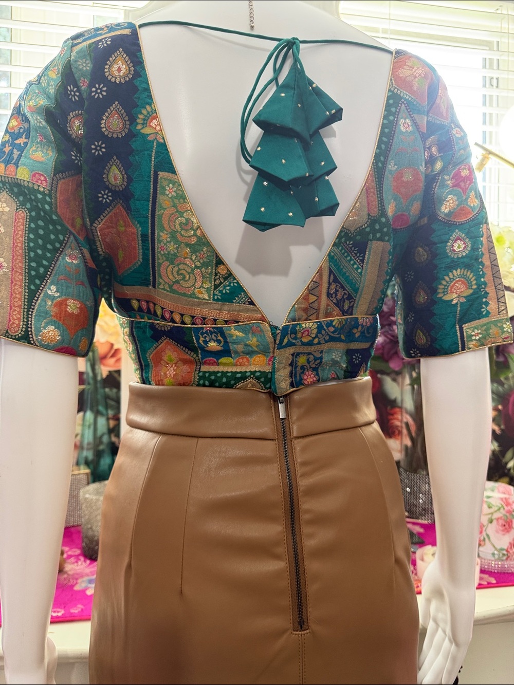 Boho Patchwork V-Neck Crop Top in Teal & Gold